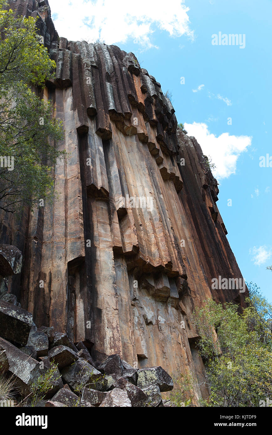 Sawn Rocks is a 40 metre basalt cliff face featuring perpendicular-octagonal shaped rocks, resembling a giant series of organ pipes. Stock Photo