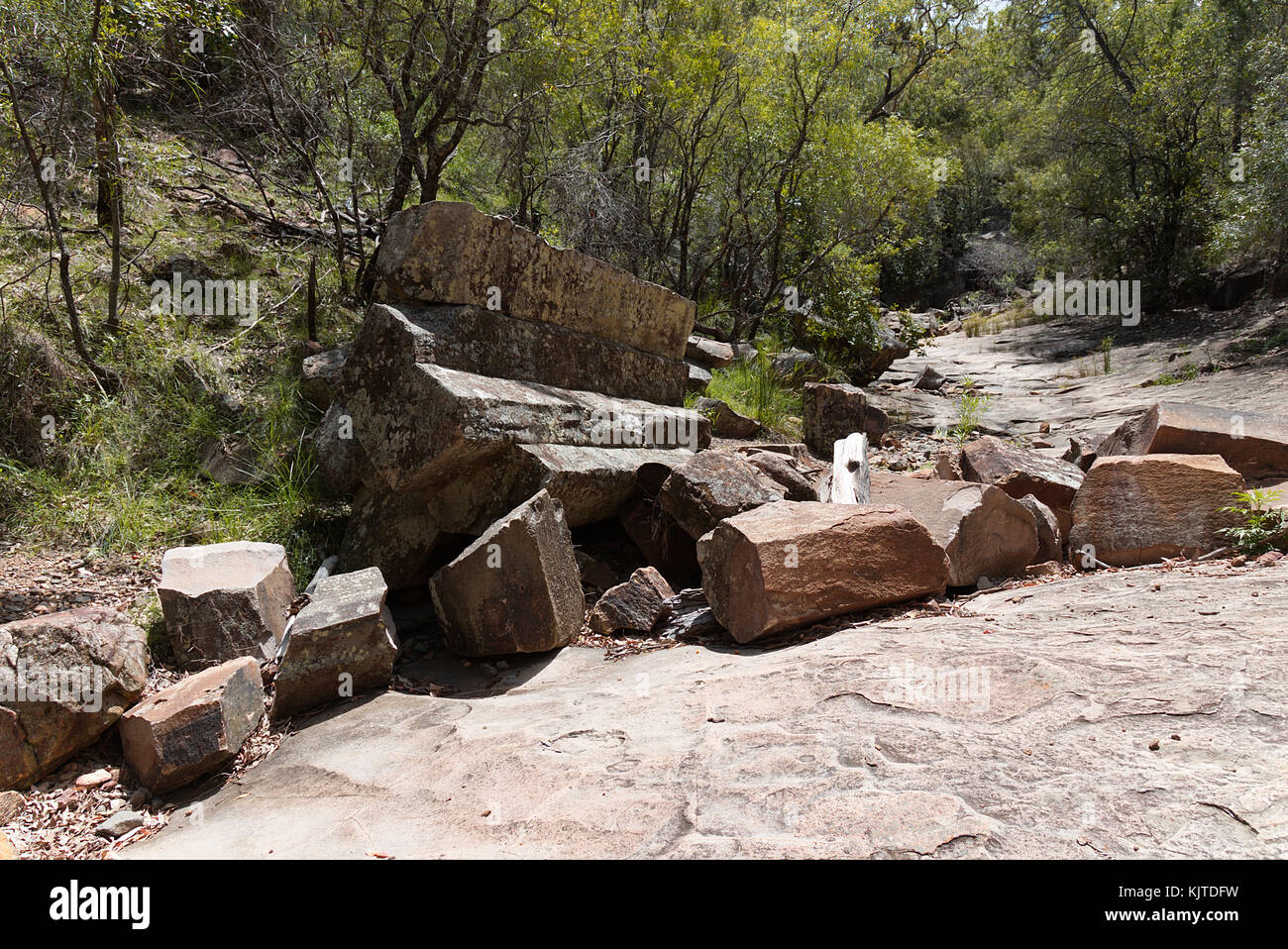 Sawn Rocks is a 40 metre basalt cliff face featuring perpendicular-octagonal shaped rocks, resembling a giant series of organ pipes. Stock Photo