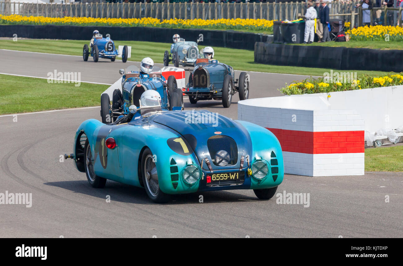 Bugatti T57G 'Tank' leading Bugatti Type 35s and 37s, Goodwood Revival, Historic motor racing Stock Photo