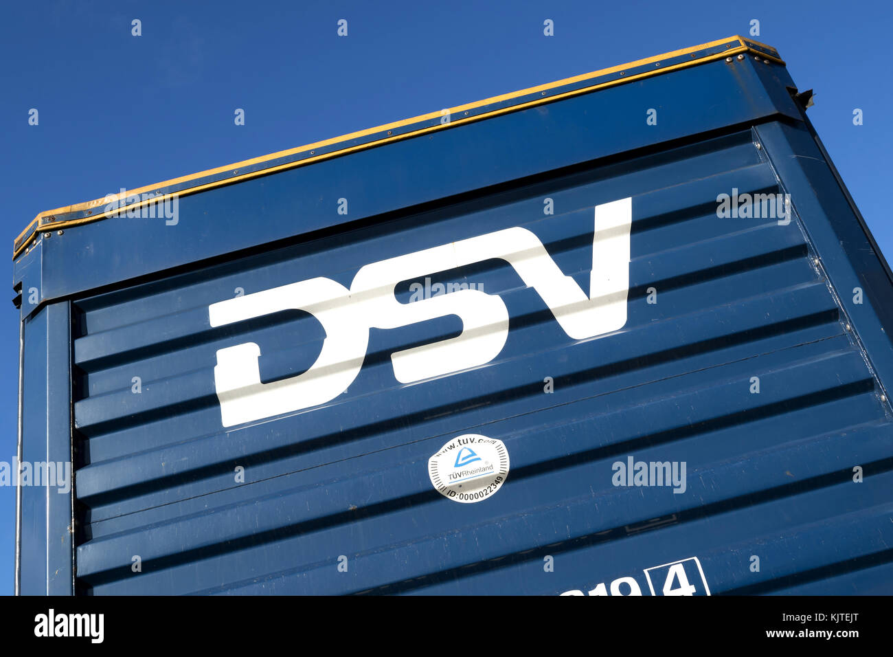 DSV curtain side trailer. DSV A/S is a Danish transport and logistics company offering transport services worldwide by road, air, sea and train. Stock Photo
