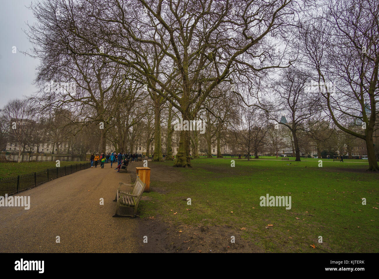 Scenic view of the beautiful James Park. Outdoor photography in a rainy day near Buckingham palace, in London, United Kingdom. Stock Photo
