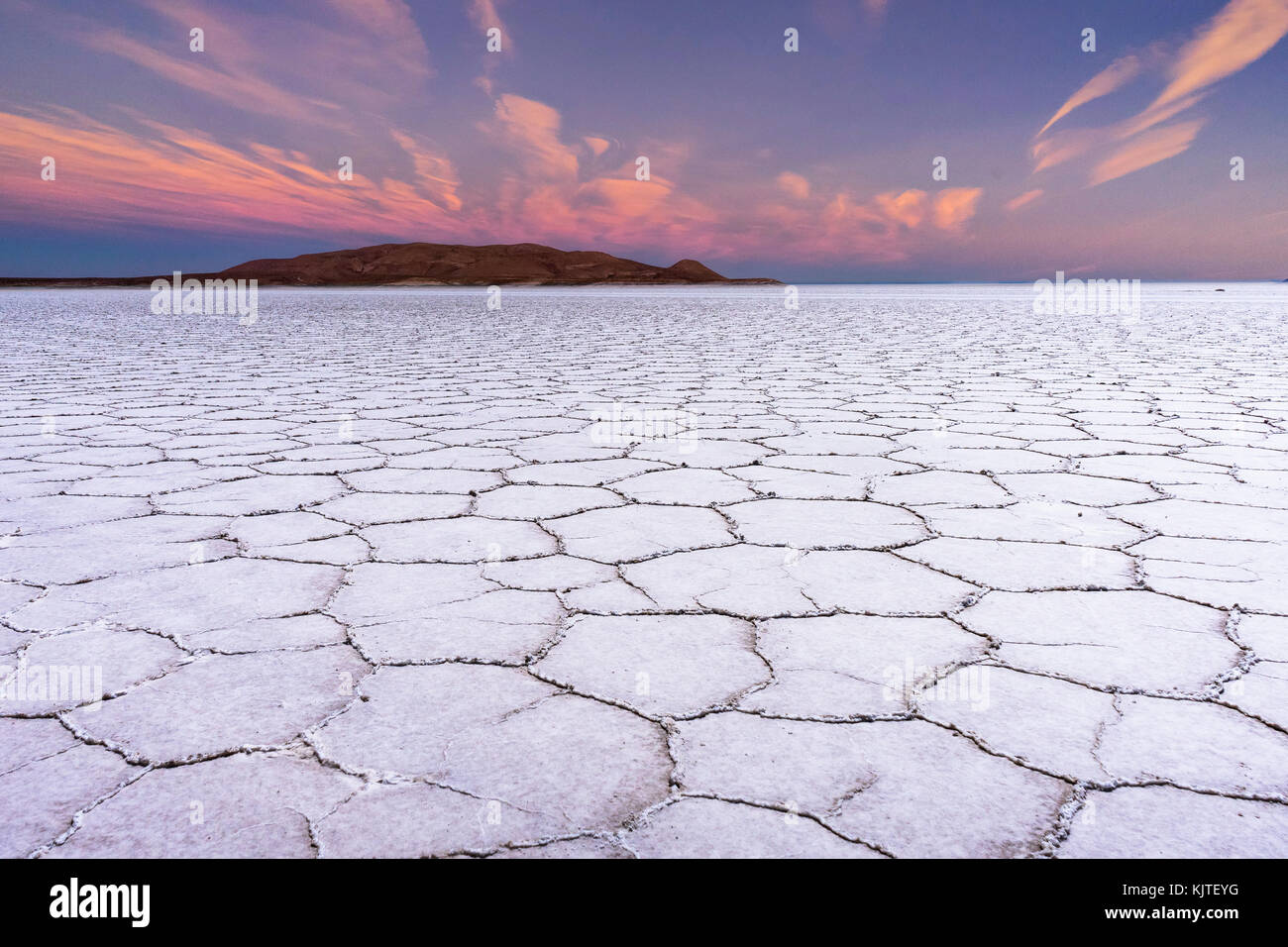 Photo taken in August 2017 in Uyuni Bolivia, South America: Salt Flats in Salar de Uyuni Desert Bolivia. Salar de Uyuni is largest salt flat in the Wo Stock Photo