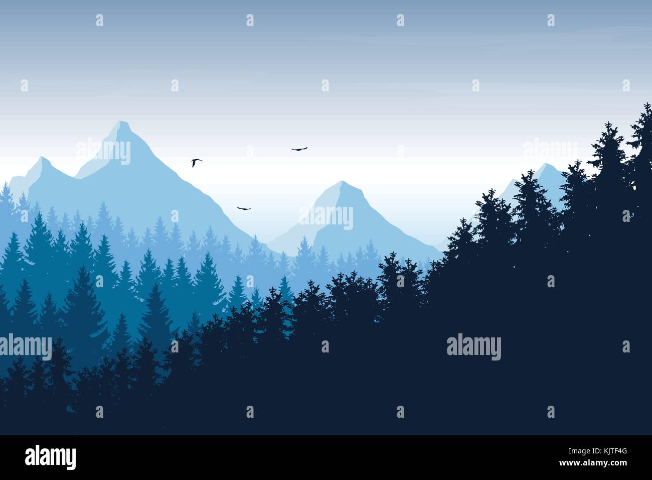 Vector illustration of mountain landscape with forest under blue sky ...