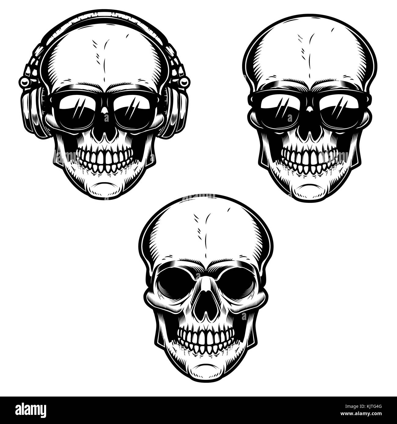 Set of the human skulls. Skull with headphones and sun glases isolated on white background. Design element for poster, emblem, t shirt. Vector illustr Stock Photo