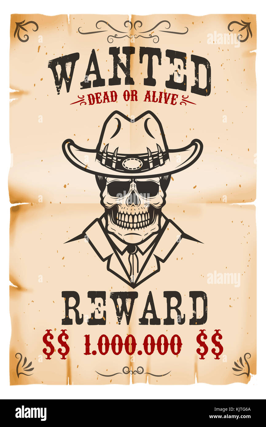 Vintage wanted poster template with old paper texture background. Cowboy  skull. Wild west theme. Vector illustration Stock Photo - Alamy