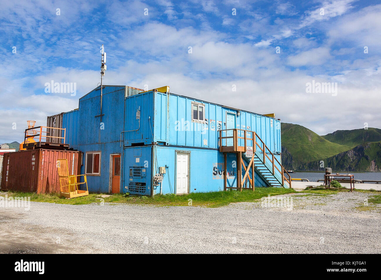 Dutch Harbor, Unalaska, Alaska, USA - August 14th, 2017: A Ship Container house at Airport Beach road, Unalaska, Alaska. Stock Photo