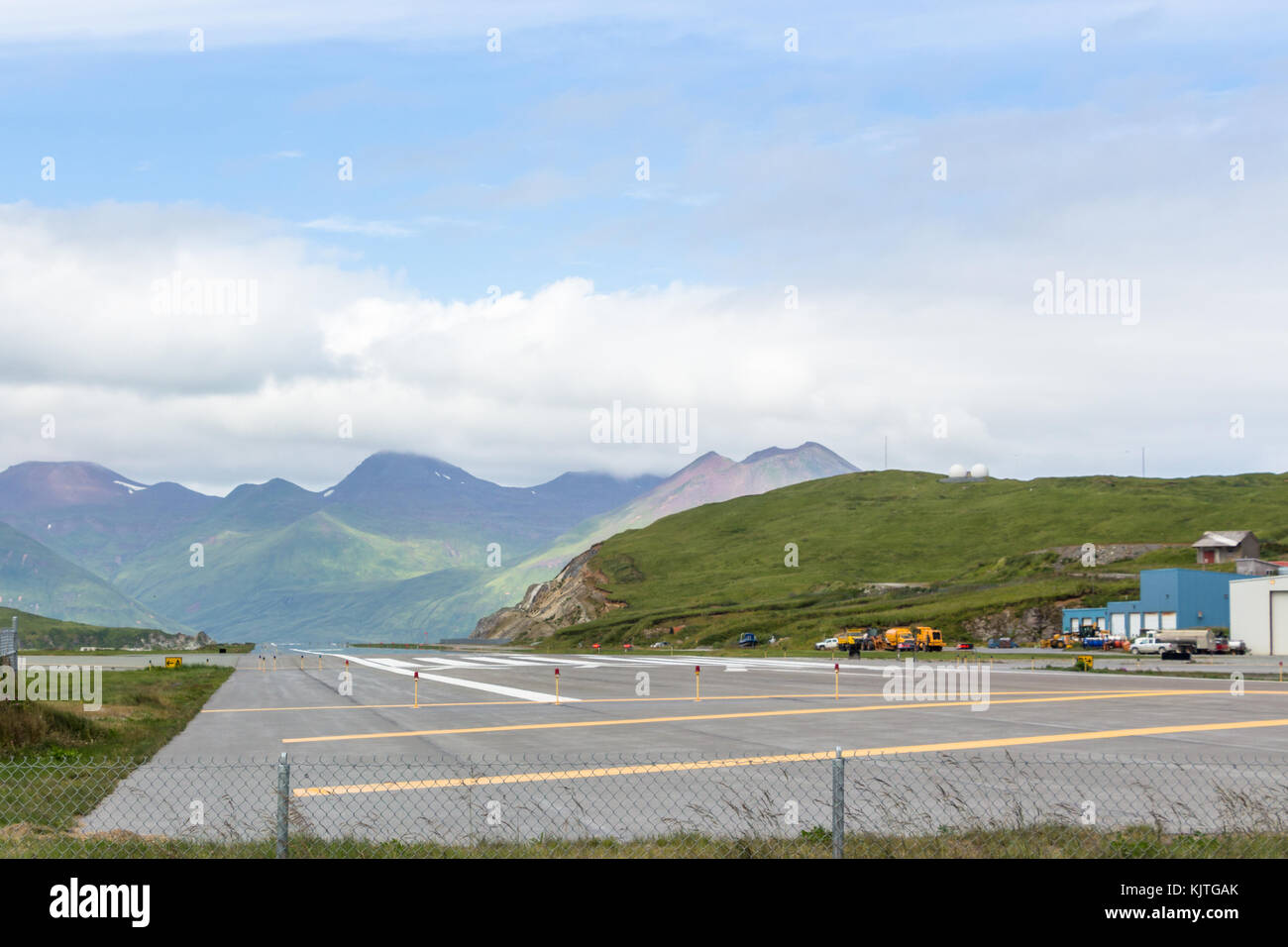 Dutch Harbor, Unalaska, Alaska, USA - August 14th, 2017: View of the runway of the Tom Masden Airport, Dutch Harbor, Unalaska, Alaska. Stock Photo
