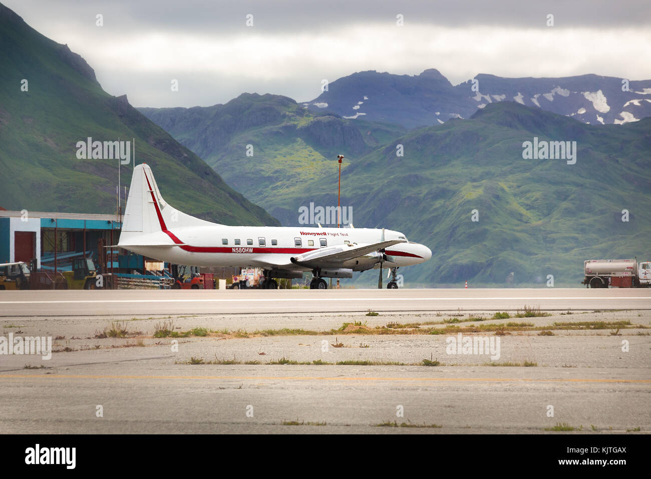 Dutch Harbor, Unalaska, Alaska, USA - August 14th, 2017: A Convair 580 of Honeywell Flight Test at Tom Madsen Airport, Unalaska, Alaska. Stock Photo