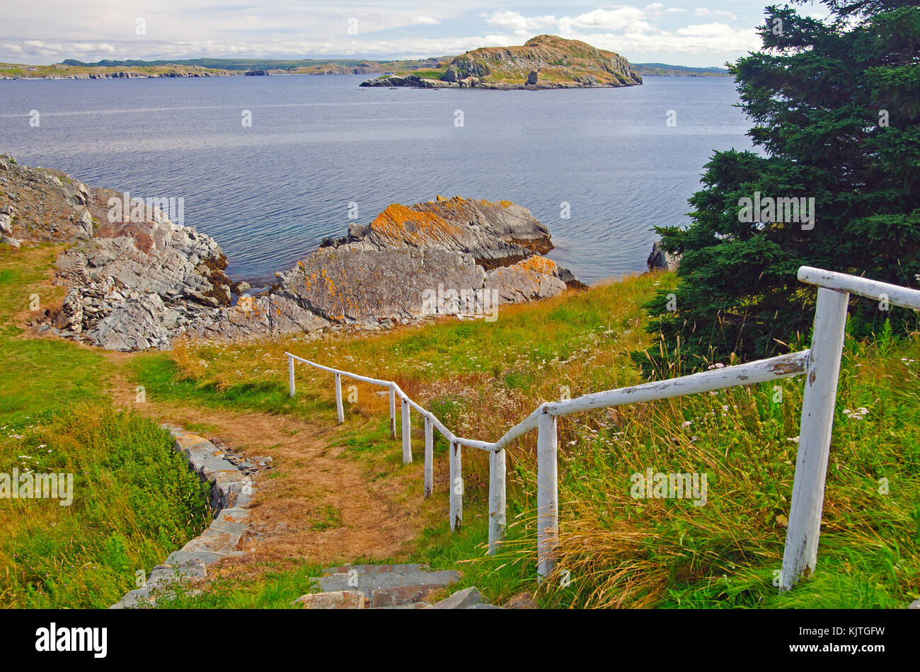 Railing at the start of the Bay Roberts Trail in Newfoundland Stock Photo