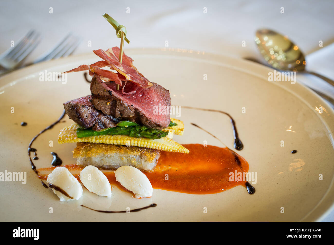 Delicious gourmet roast beef lunch in a fine dining gourmet restaurant