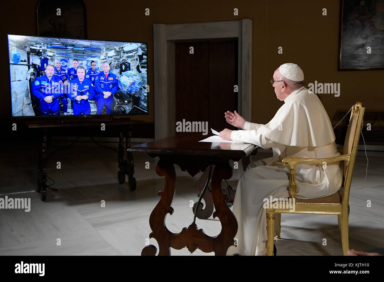 Pope Francis During A Live Audio Video Meeting With Crew Of
