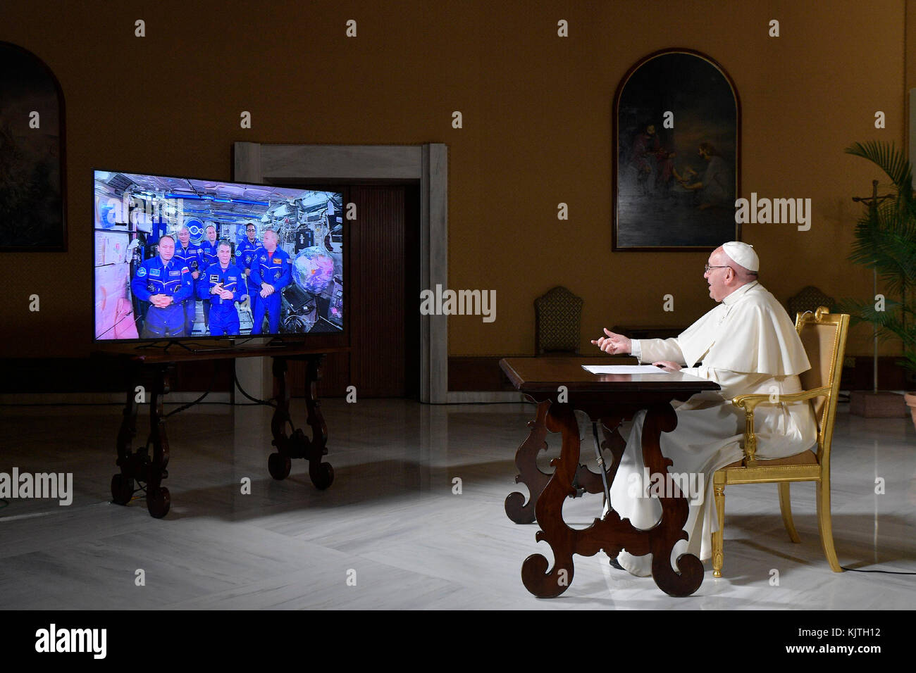 Pope Francis During A Live Audio Video Meeting With Crew Of