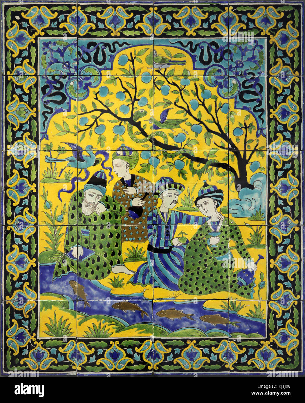 Wall panel;Men on the banks of a stream.from Iran 1700-1800. Stock Photo