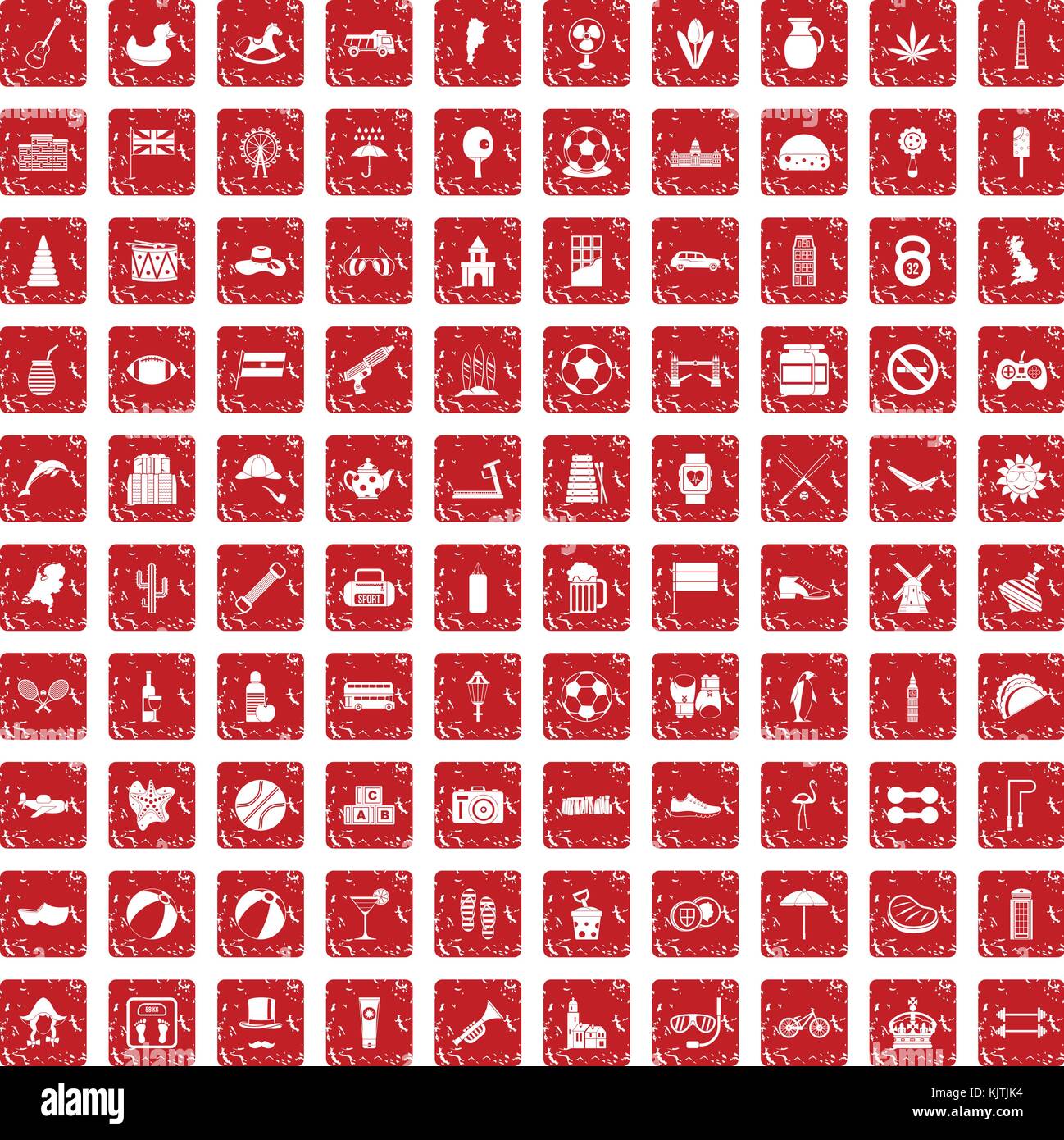 100 ball icons set grunge red Stock Vector