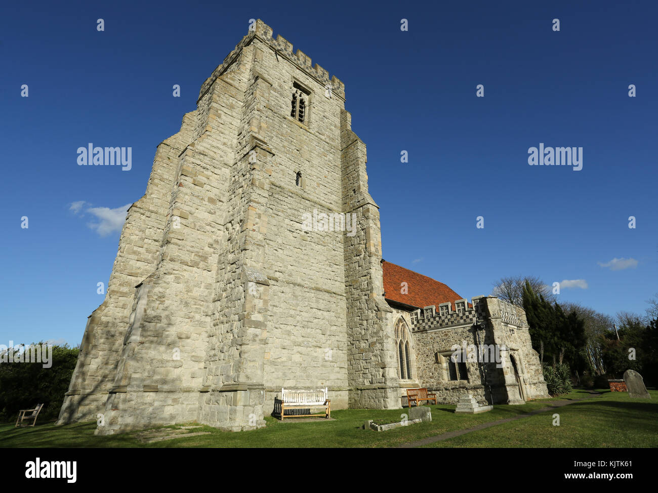 A landscape view of Canewdon Church against a blue sky. Stock Photo
