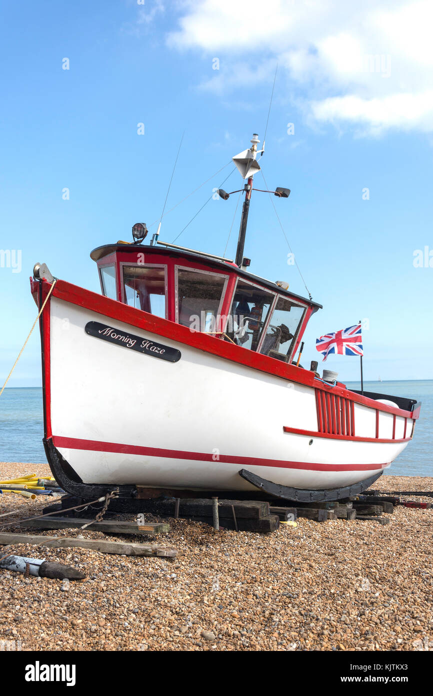 'Morning Haze' fishing boat on beach, Deal, Kent, England, United Kingdom Stock Photo