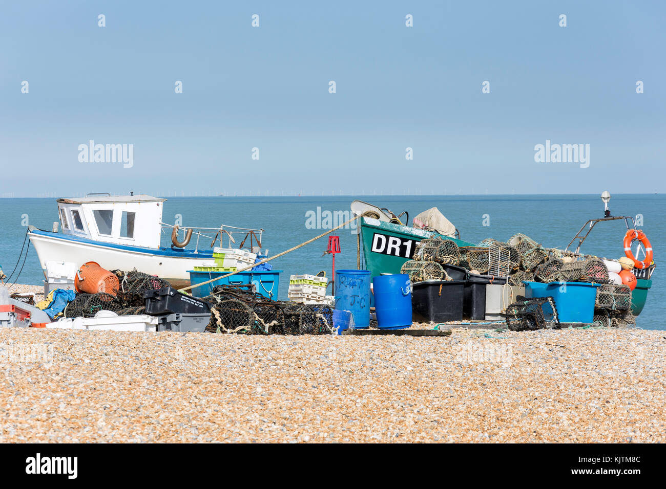 Fishing boat and gear on Walmer Beach, Walmer, Deal, Kent, England, United Kingdom Stock Photo
