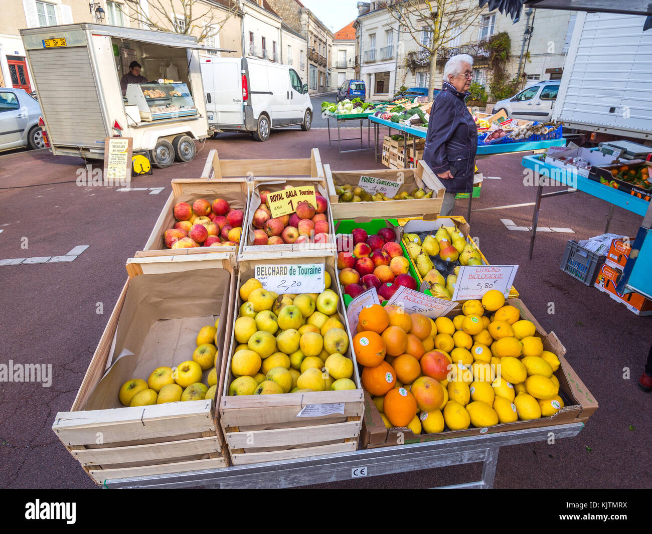 Fresh organic fruit at open-air market, Preuilly-sur-Claise, France. Stock Photo