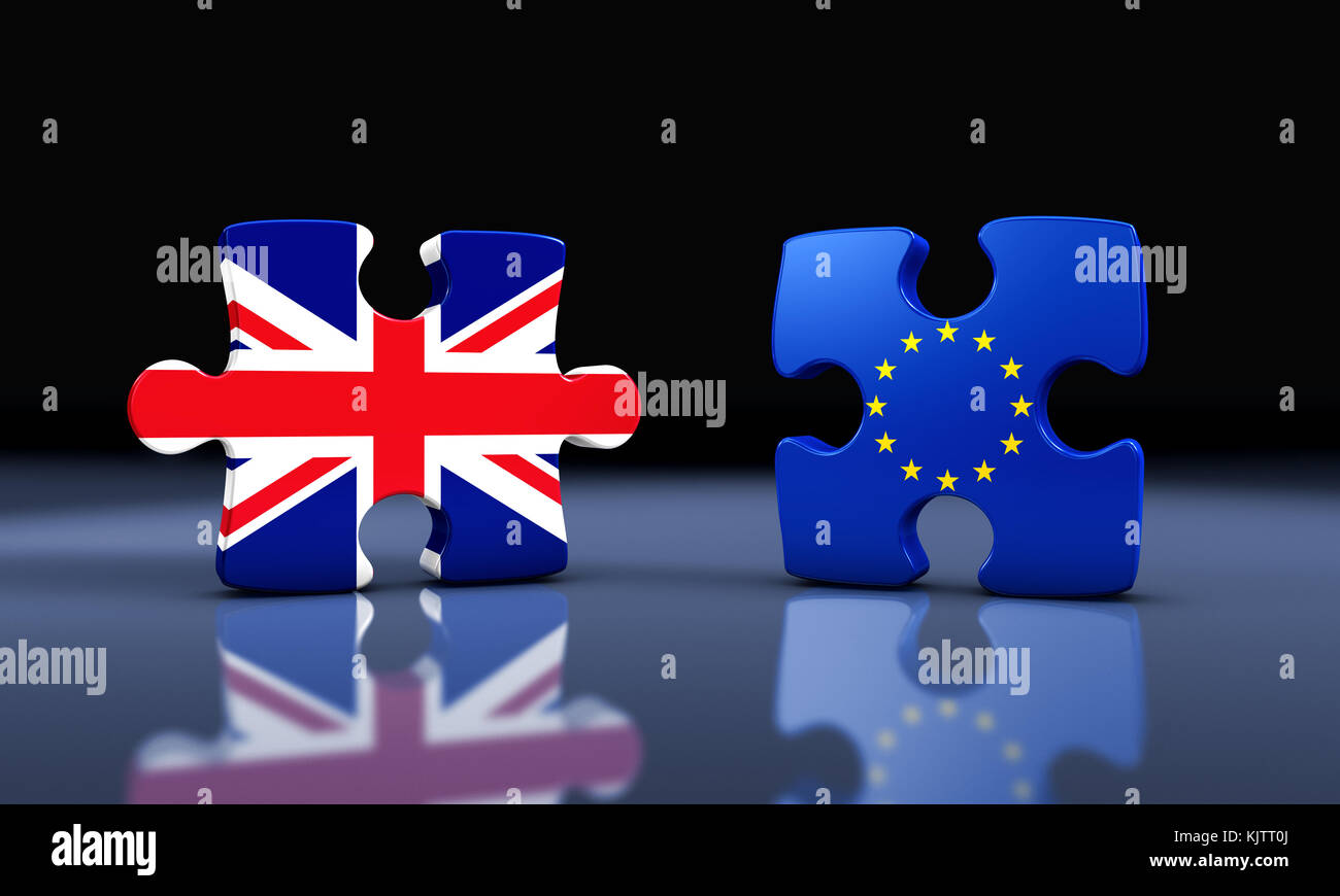Brexit Britain exit from the European Union concept with Union Jack and EU flag on separated puzzle pieces 3D illustration. Stock Photo