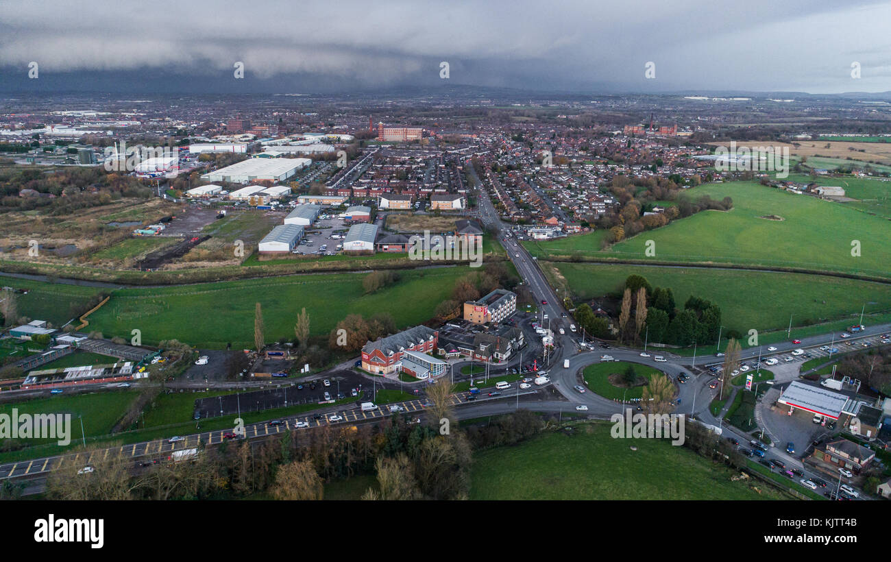 Aerial View Of Sporting Lodge Inns & Suites Greyhound Hotel, Warrington Road, Leigh, greater Manchester, UK Stock Photo