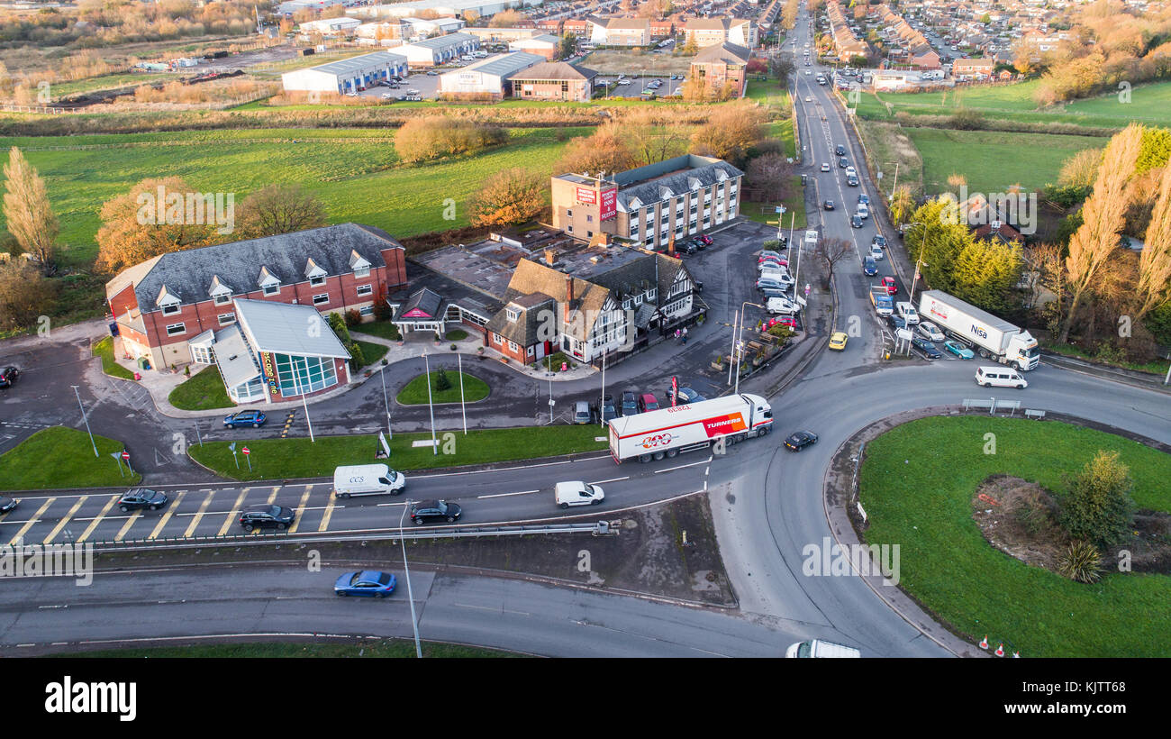 Aerial View Of Sporting Lodge Inns & Suites Greyhound Hotel, Warrington Road, Leigh, greater Manchester, UK Stock Photo