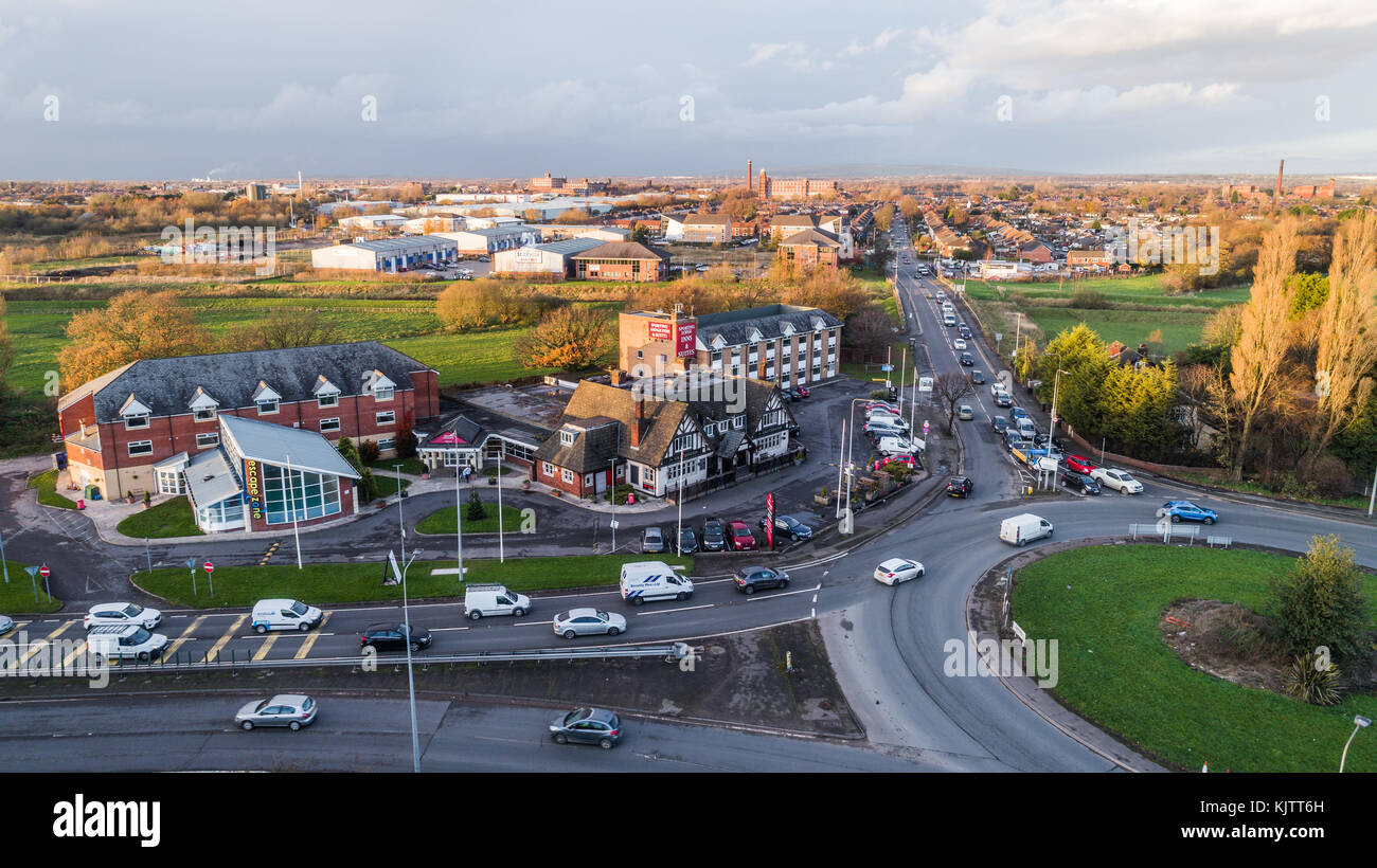 Aerial View Of Sporting Lodge Inns & Suites Greyhound Hotel, Warrington Road, Leigh, greater Manchester, UK Stock Photo