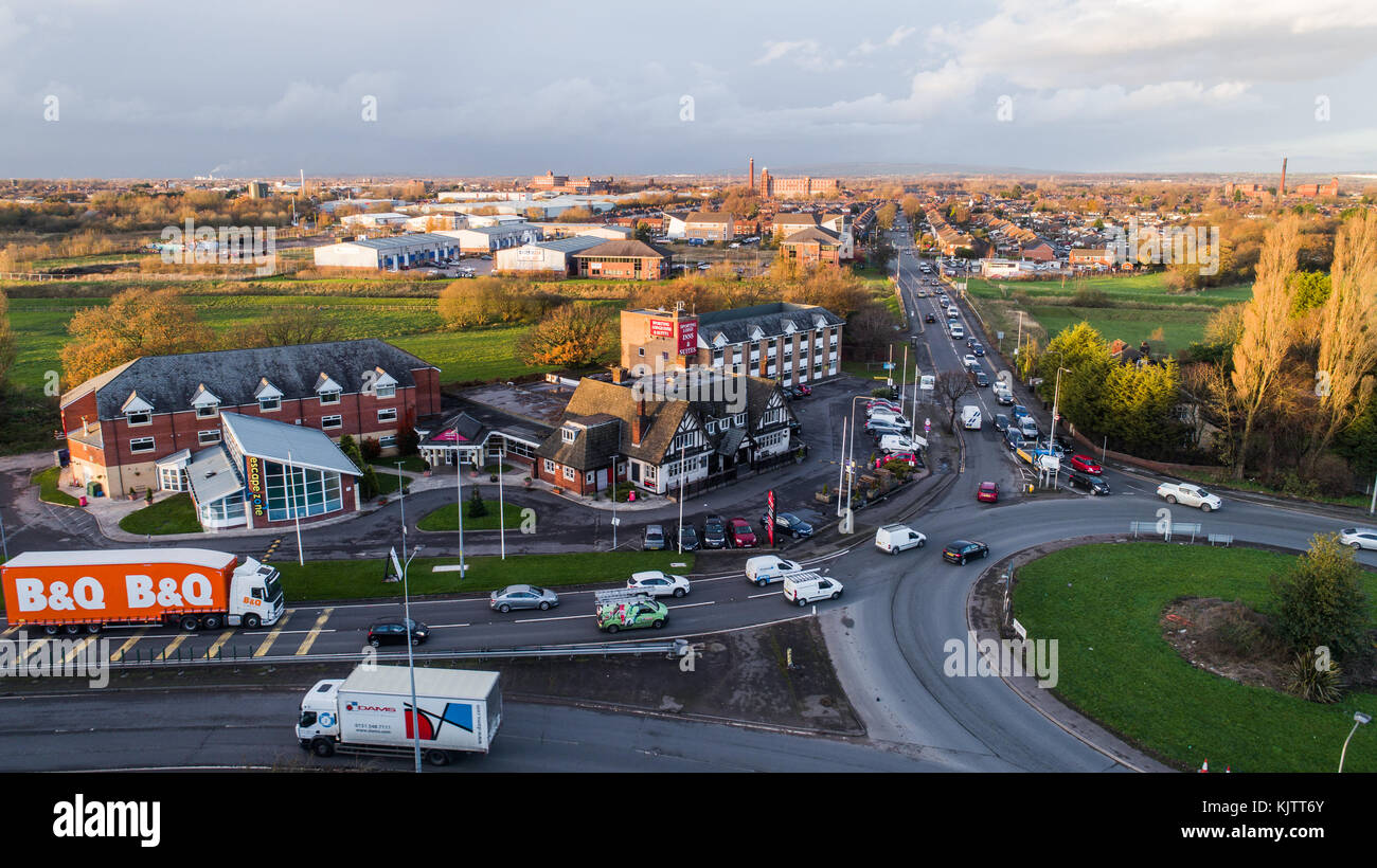 Aerial View Of Sporting Lodge Inns & Suites Greyhound Hotel, Warrington Road, Leigh, greater Manchester, UK Stock Photo