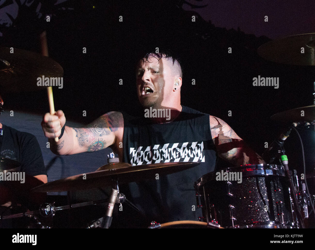 Drummer Branden Steineckert of Rancid performs during the Boston