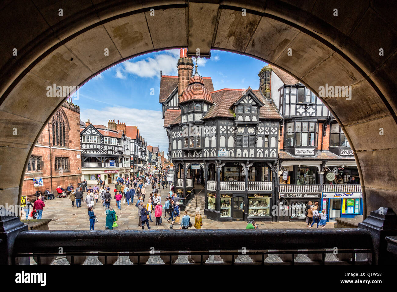 Framed shot of Half timbered tudor buildings in Chester, UK Stock Photo