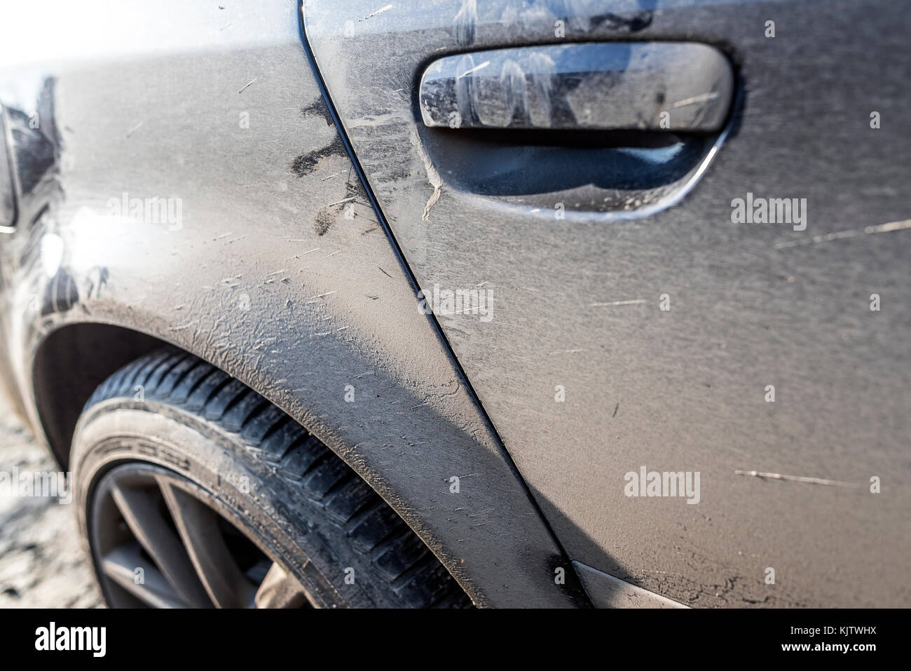 Part of a dirty stained car close up. Stock Photo
