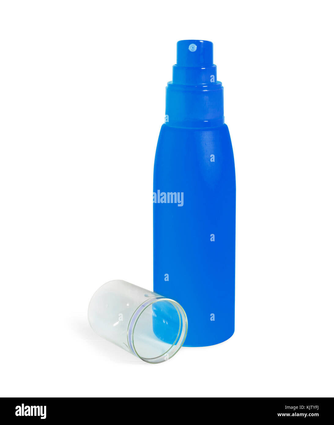 Blue cosmetic cream bottle, spray opened isolated on white background