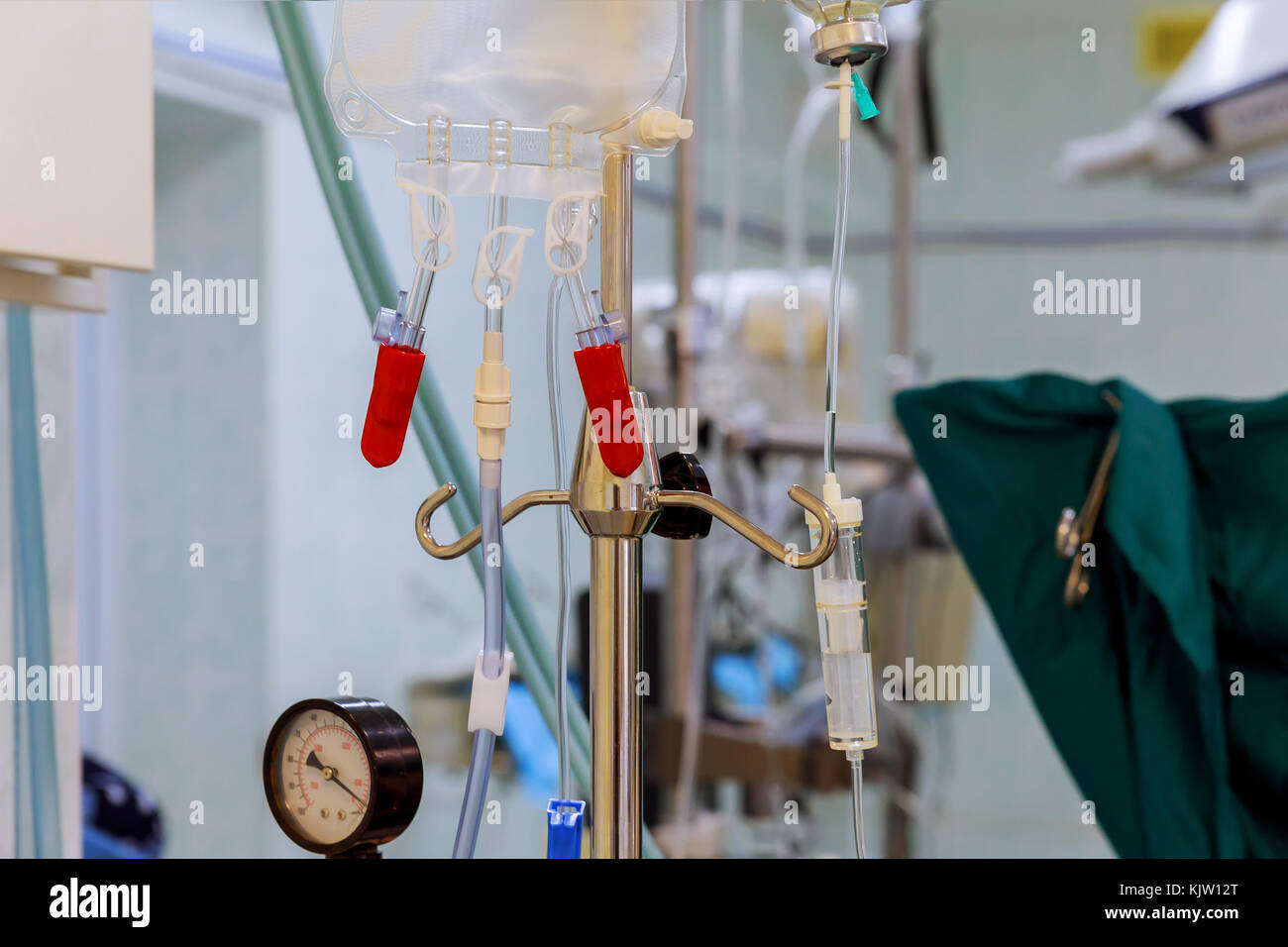 Blood transfusion giving blood during operation hospital room Stock
