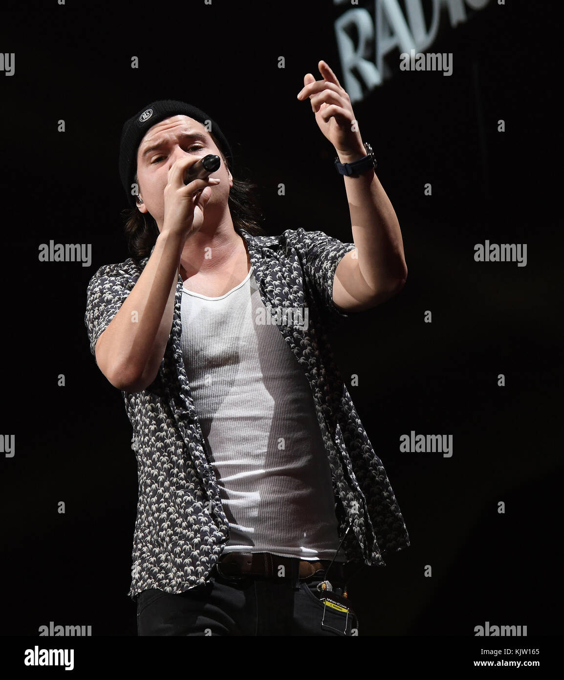 SUNRISE, FL - DECEMBER 18:  Lukas Graham Band performs on stage during the Y100's iHeartRadio Jingle Ball 2016 at BB&T Center on December 18, 2016 in Sunrise, Florida  People:   Lukas Graham Band Stock Photo