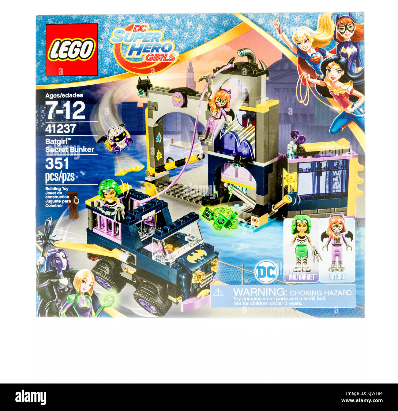 Winneconne, WI - 19 November 2017:  A box of Lego featuring DC Super Hero Girls with Batgirl in Secret Bunker on an on an isolated background. Stock Photo