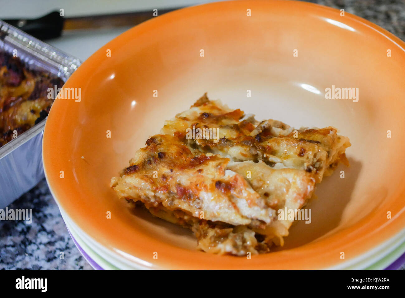 Dish of Lasagne, typical italian culture food, ready to be eaten, winter season. Meat version. Florence, Italy Stock Photo