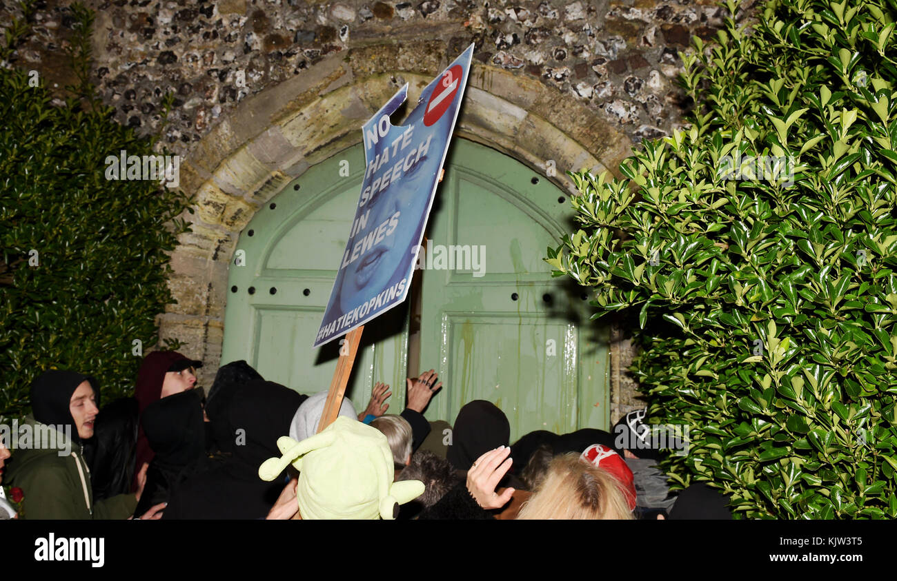 Lewes UK 25th 2017 - Protesters outside the the All Saints Centre in Lewes tonight where Katie Hopkins was due to speak at the Lewes Speakers Festival  Photograph taken by Simon Dack Stock Photo
