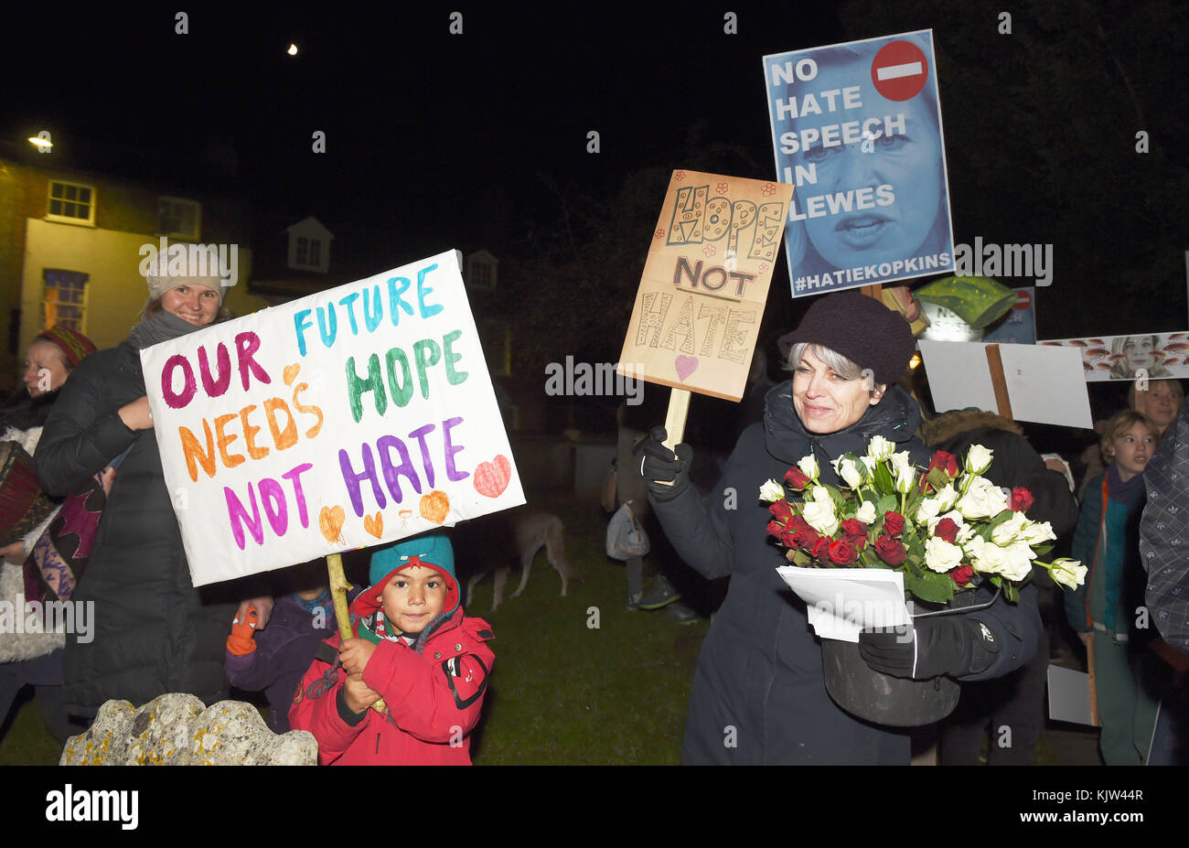 Lewes UK 25th 2017 - Protesters outside the All Saints Centre in Lewes tonight where Katie Hopkins was due to speak at the Lewes Speakers Festival  Photograph taken by Simon Dack Stock Photo