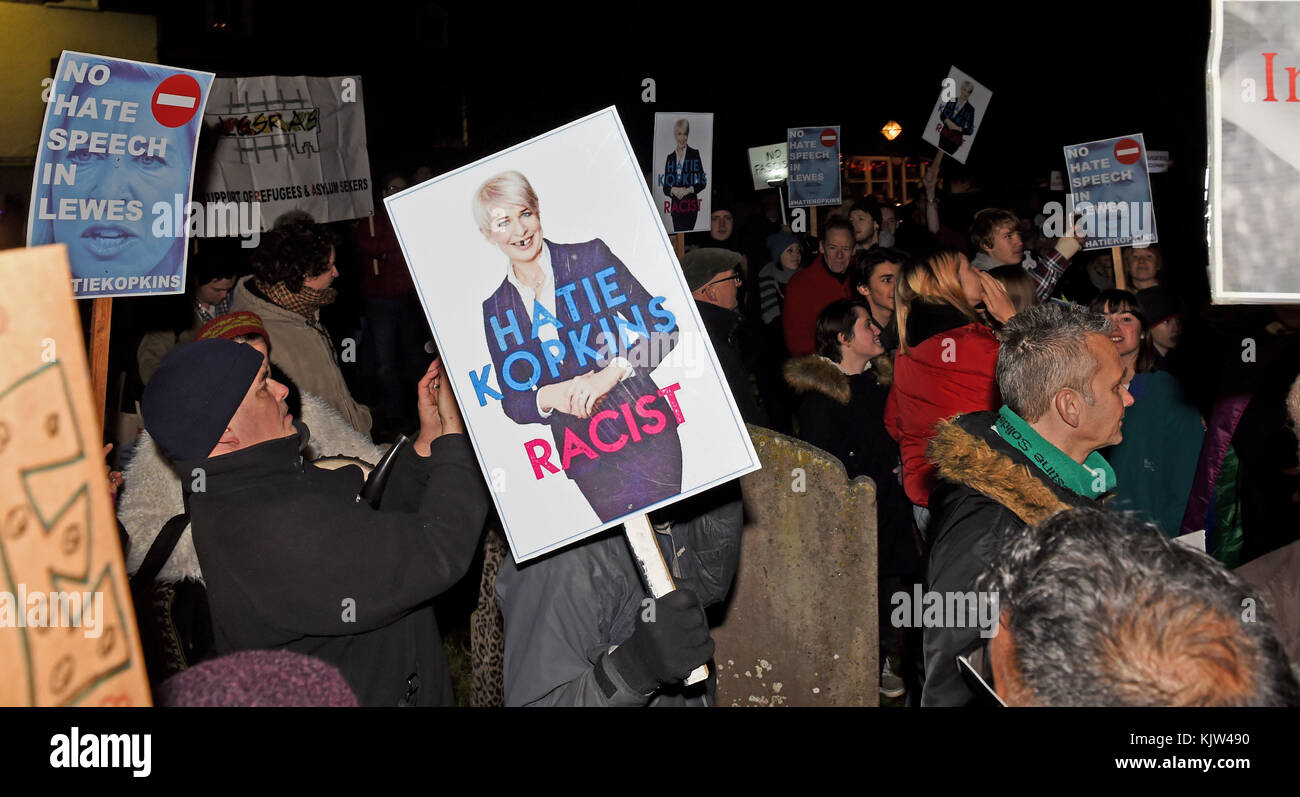 Lewes UK 25th 2017 - Protesters outside the All Saints Centre in Lewes tonight where Katie Hopkins was due to speak at the Lewes Speakers Festival Stock Photo
