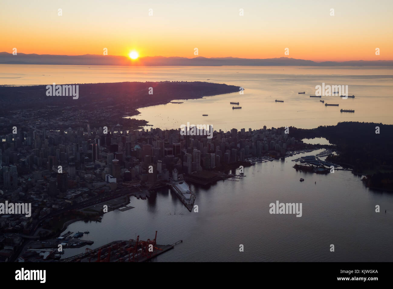 Aerial view from an airplane of Downtown City landscape during a ...