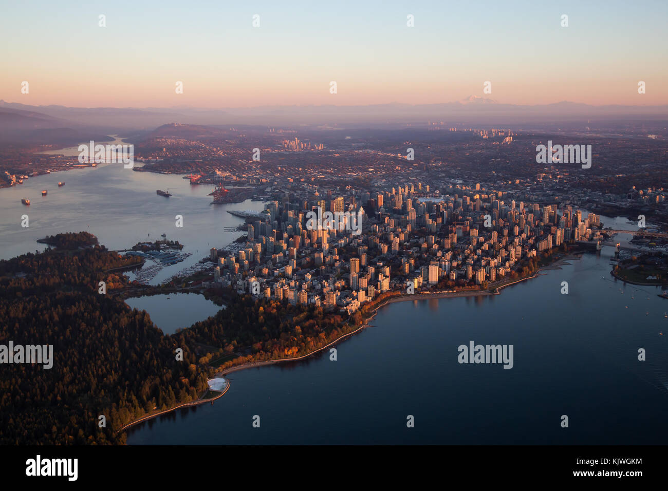 Aerial view from an airplane of Downtown City landscape during a ...