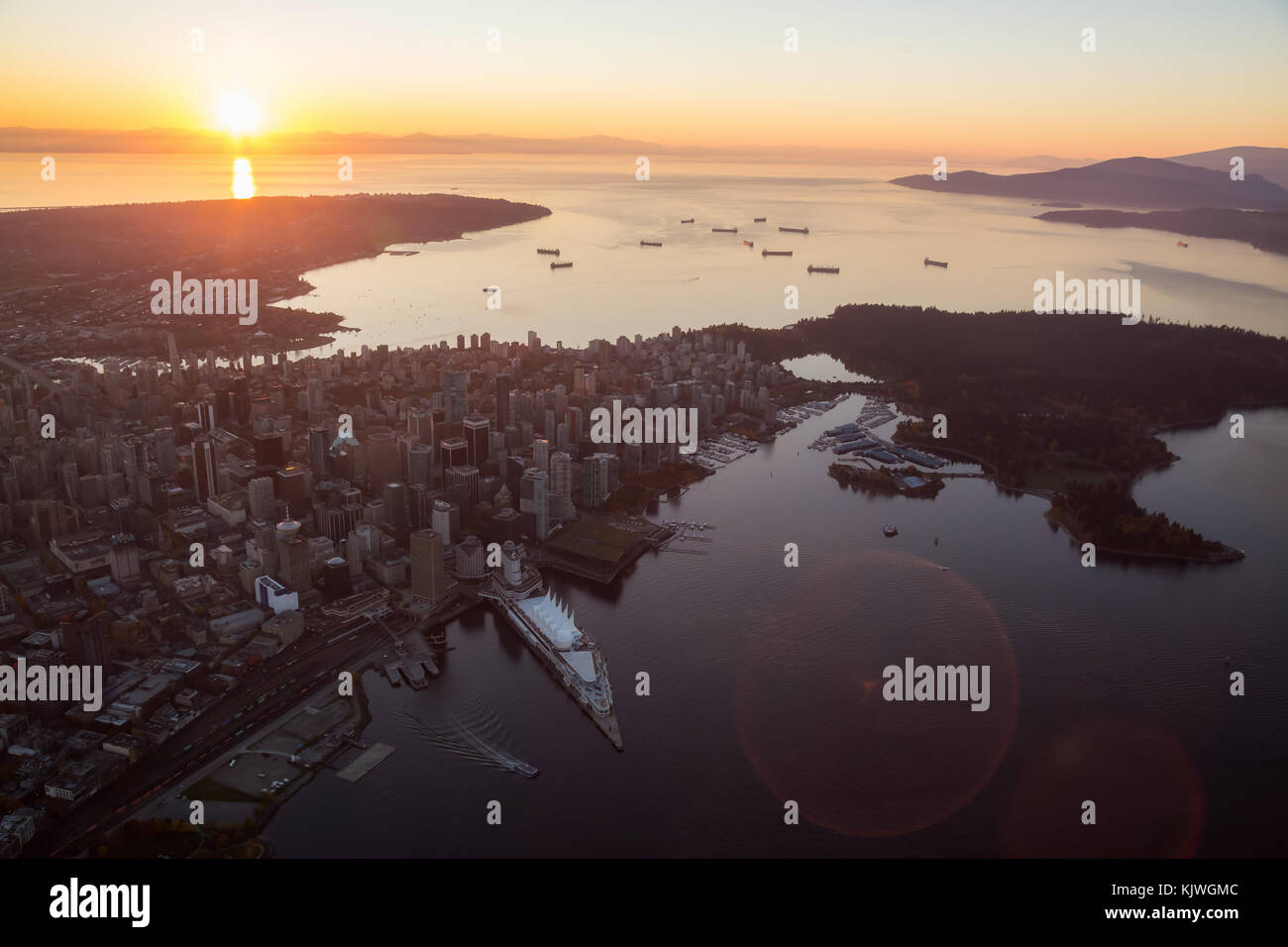 Aerial view from an airplane of Downtown City landscape during a ...