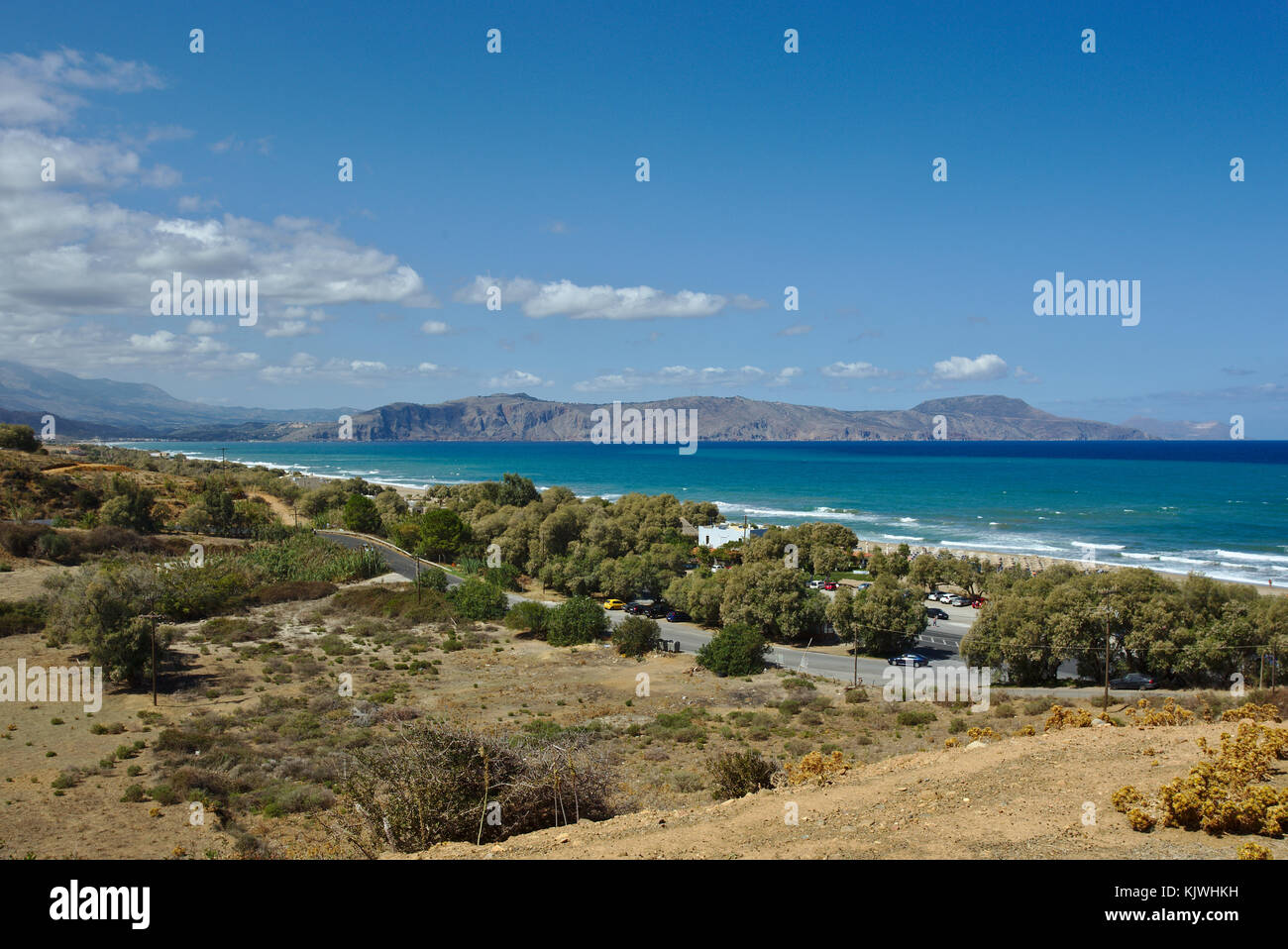 Wide-angle view of the Cretan north coast from Episkopi to Georgioupoli and the Drapano peninsula Stock Photo