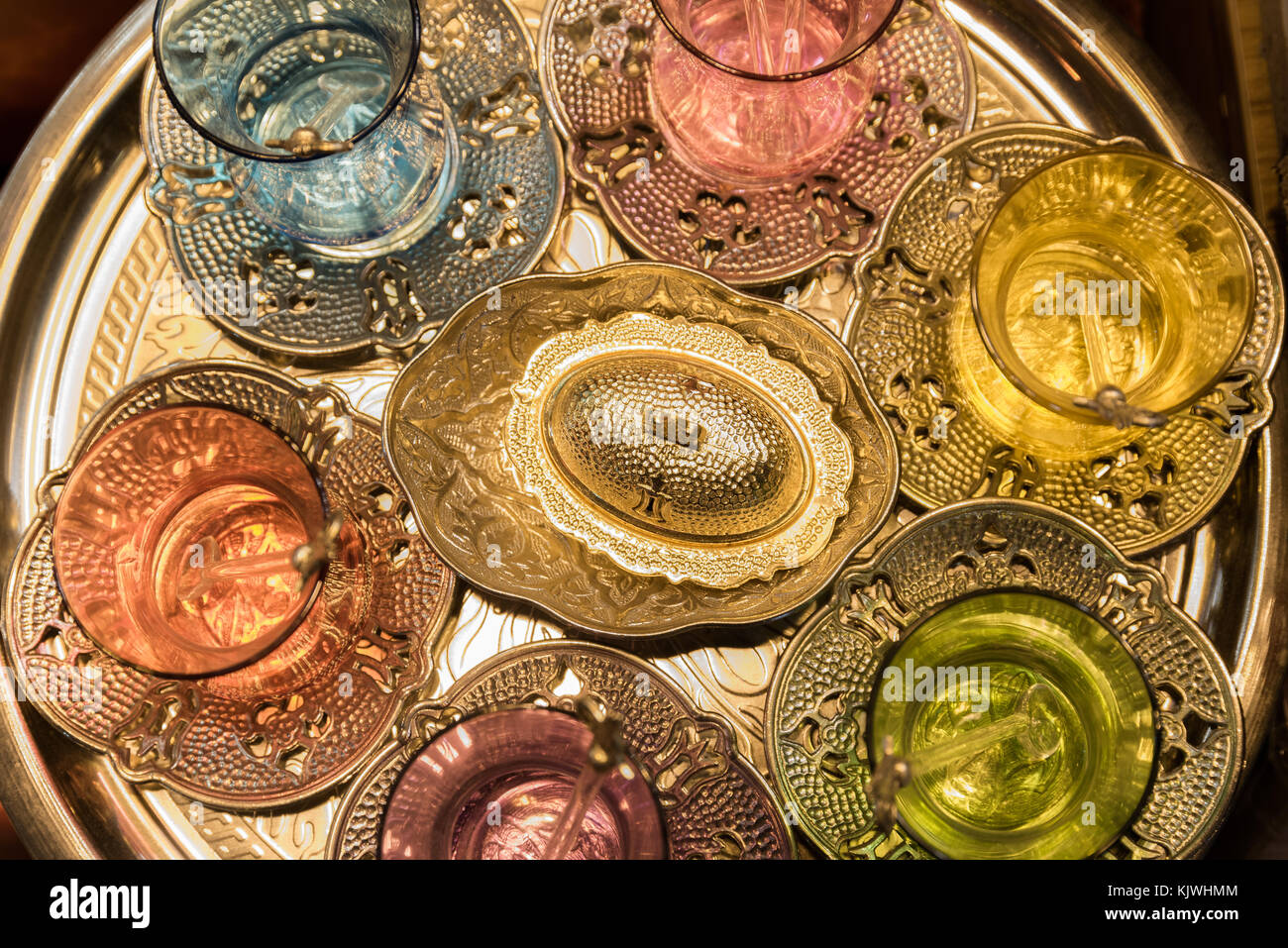 Top view of Traditional Turkish handmade silver or copper tea sets for