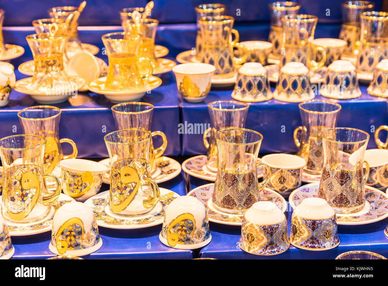 Top view of Traditional Turkish handmade silver or copper tea sets for