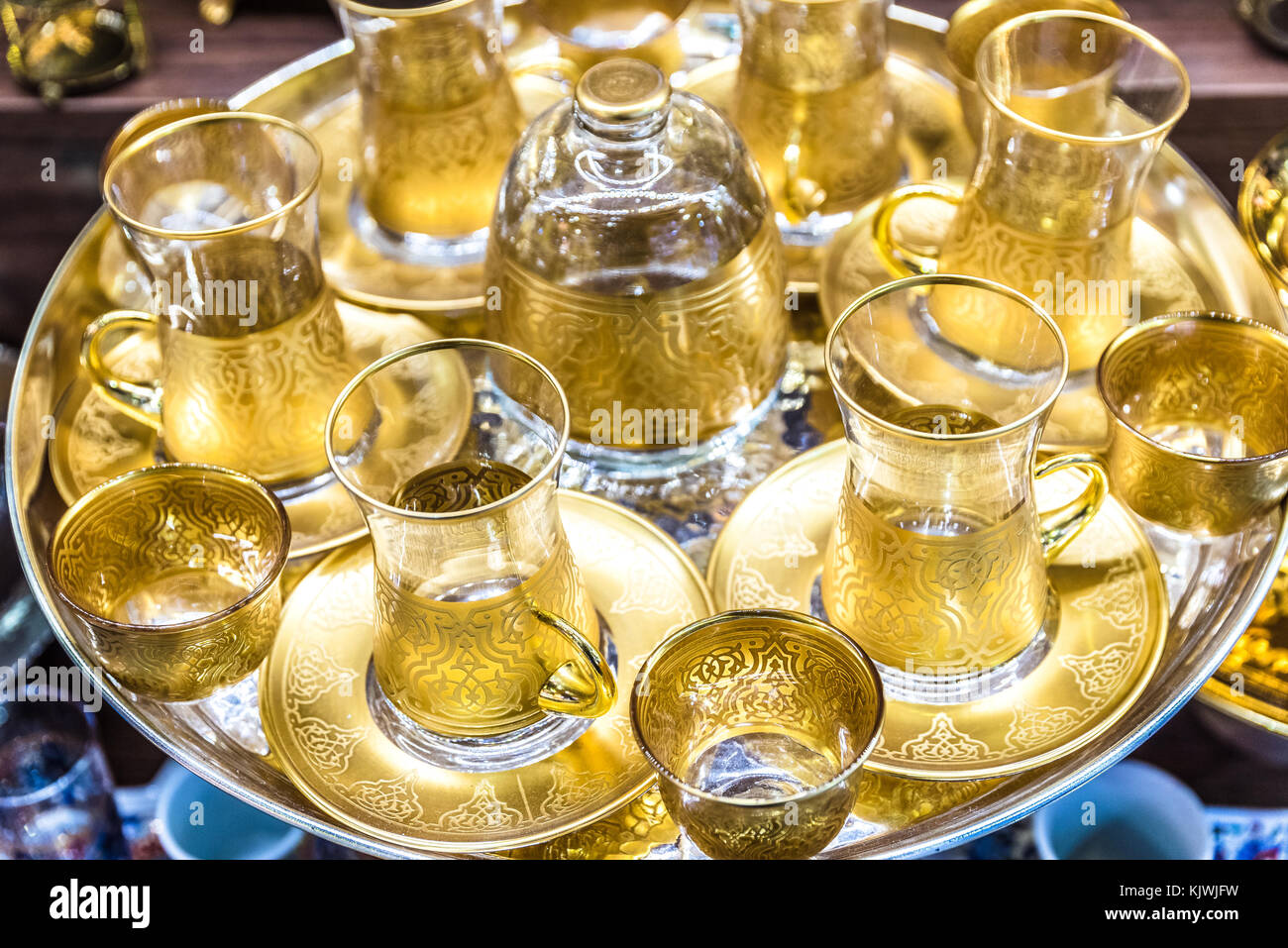 Top view of Traditional Turkish handmade silver or copper tea sets for