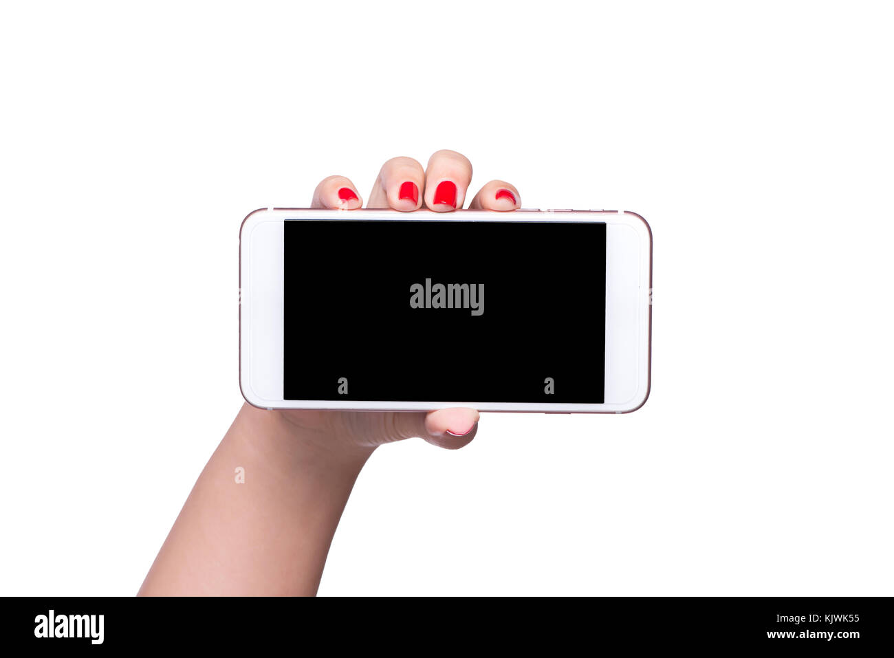 Female hand holding horizontal the black smartphone with blank screen, isolated on white background. Stock Photo