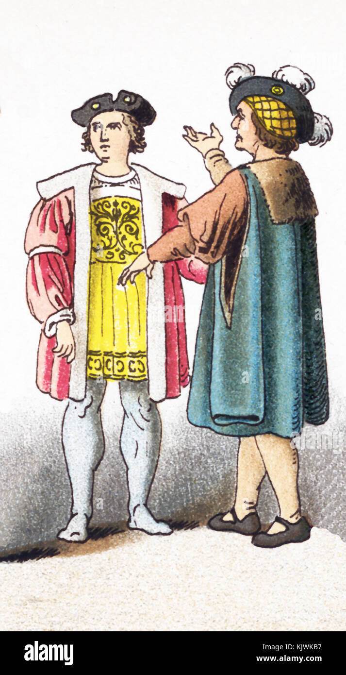 The figures represented here are French people between 1550 and 1600. They are, from left to right, a nobleman and a citizen.  This illustration dates to 1882. Stock Photo