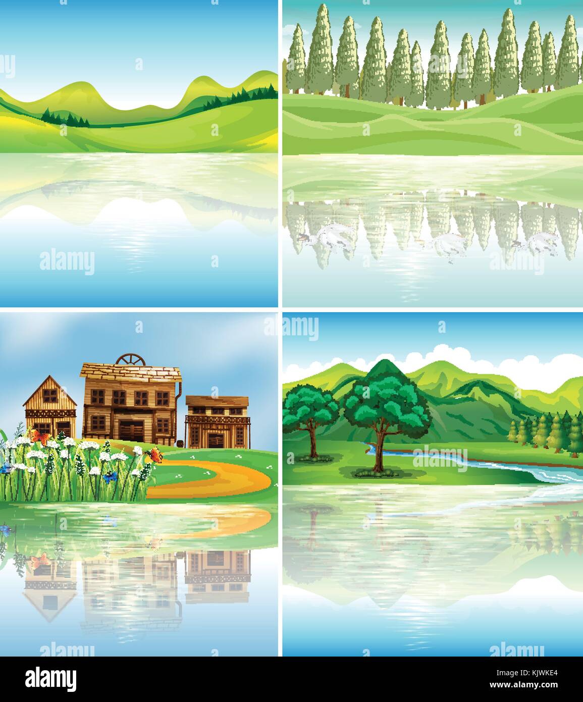 Four background scenes with reflections on river illustration Stock ...