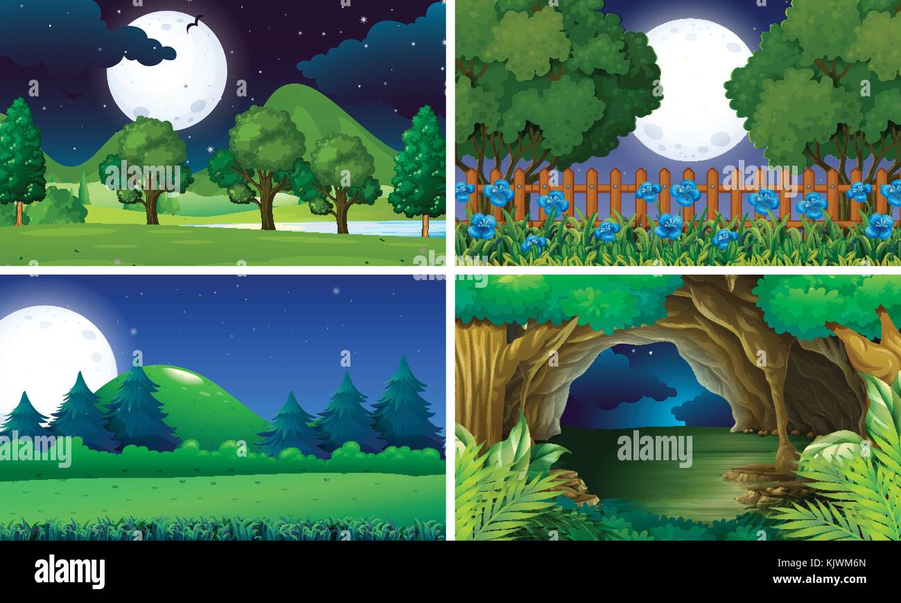 Four scenes of park at night time illustration Stock Vector Image & Art ...