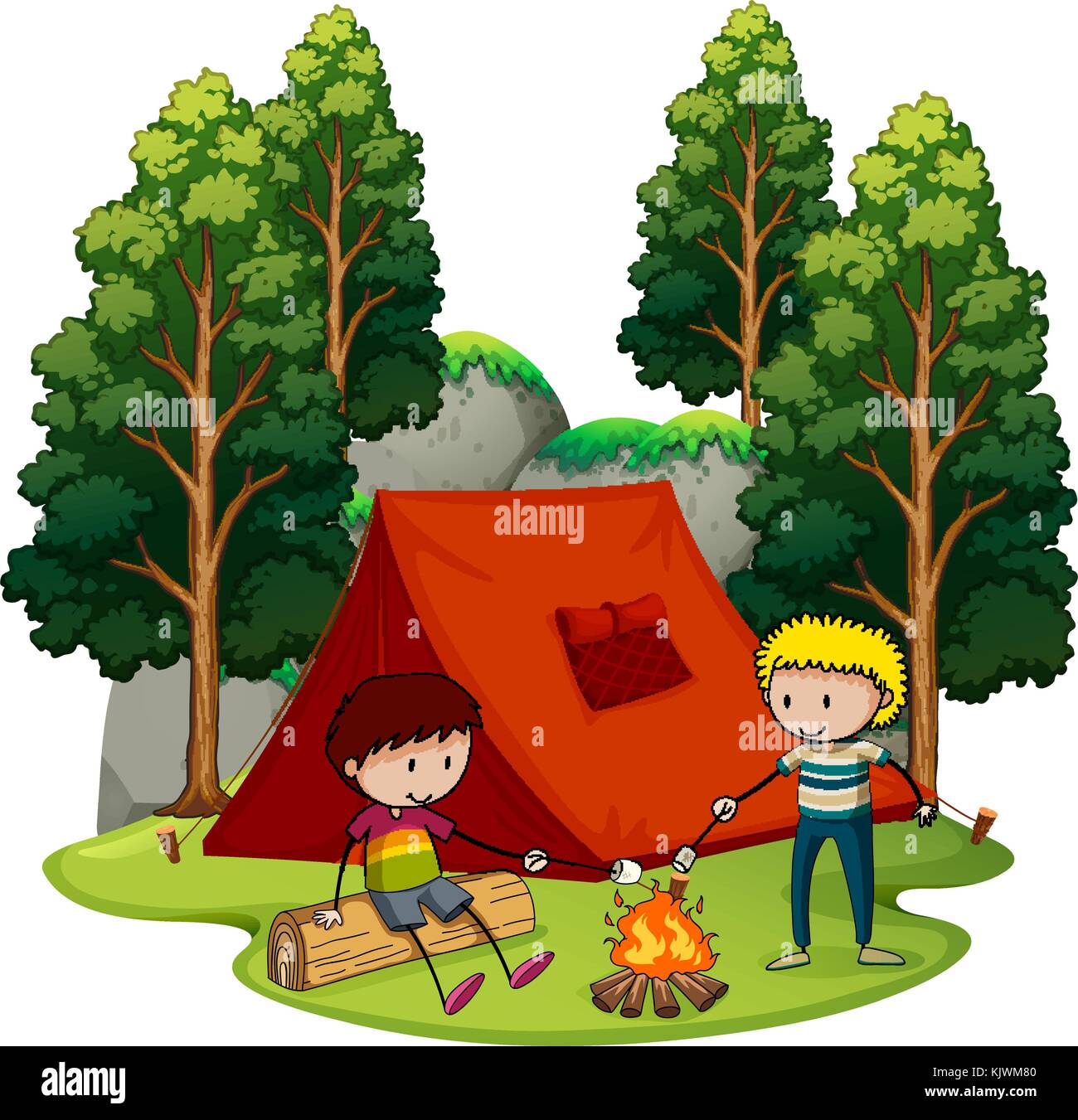 Two boys camping out in the woods illustration Stock Vector Image & Art ...